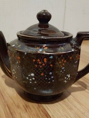 Vintage Brown Betty Hand Painted Tea Pot Enamel Ceramic Japan 1950s MCM